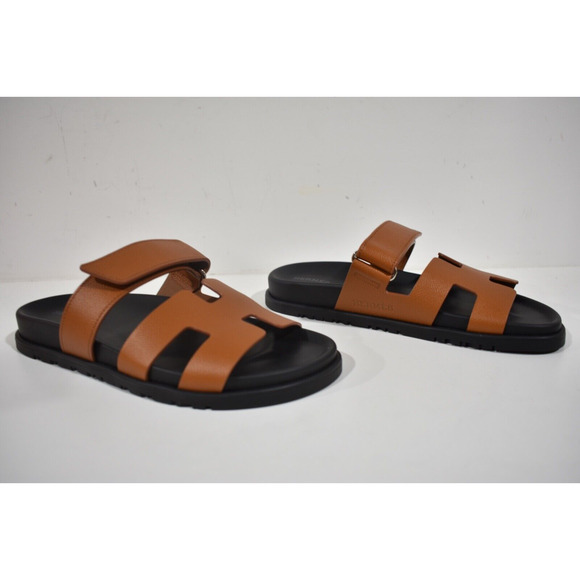 Hermes Chypre Sandal Natural Brown Gold Black H Logo Slide Slip On Flat 37.5 - Picture 4 of 12